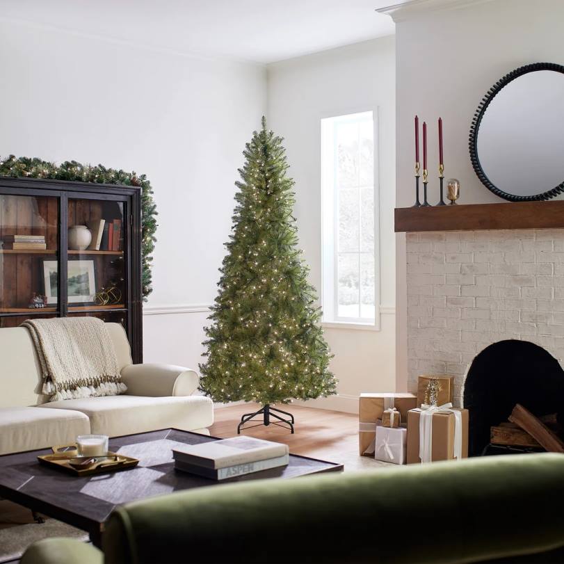 H4X044National Tree Company Pre-Lit Artificial Slim Christmas Tree, Green, Dunhill Fir, White Lights, Includes Stand, 7.5 Feet