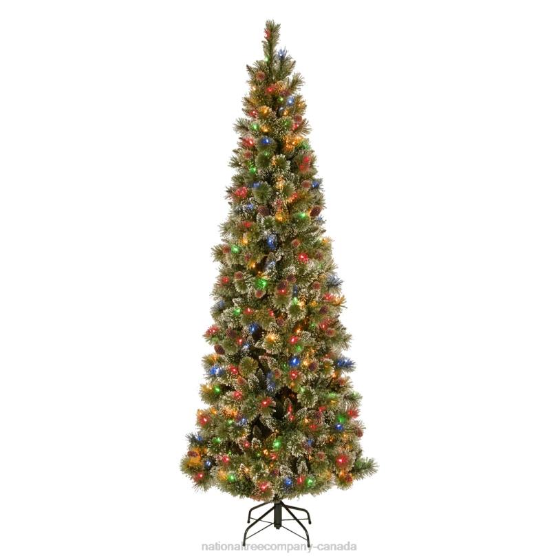 H4X068National Tree Company Pre-Lit Artificial Slim Christmas Tree, Glittering Pine, Green, Multicolor Lights, Power Connect,Decorated with Pine Cones, Includes Stand, 9 Feet