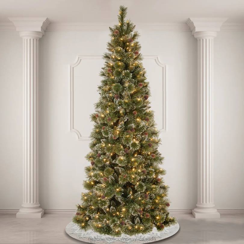 H4X092National Tree Company Pre-Lit Artificial Slim Christmas Tree, Glittering Pine, Green, White Lights, Power-Connect, Decorated with Pine Cones, Includes Stand, 7 Feet