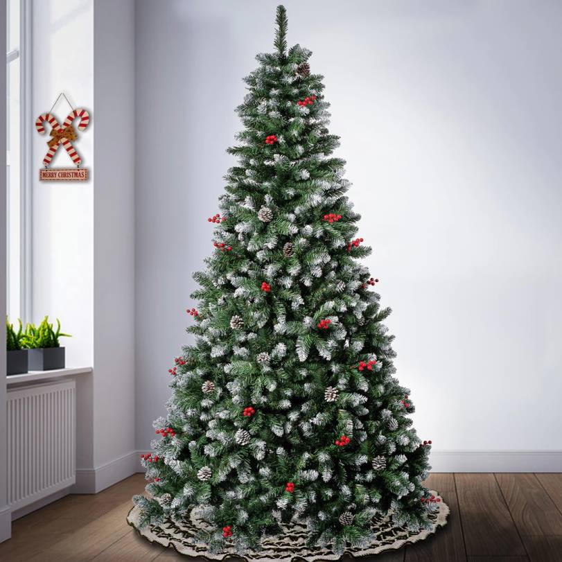 H4X095National Tree Company First Frosted Traditions Christmas Tree with Hinged Branches, Pinecones and Red Berries, 7.5 ft