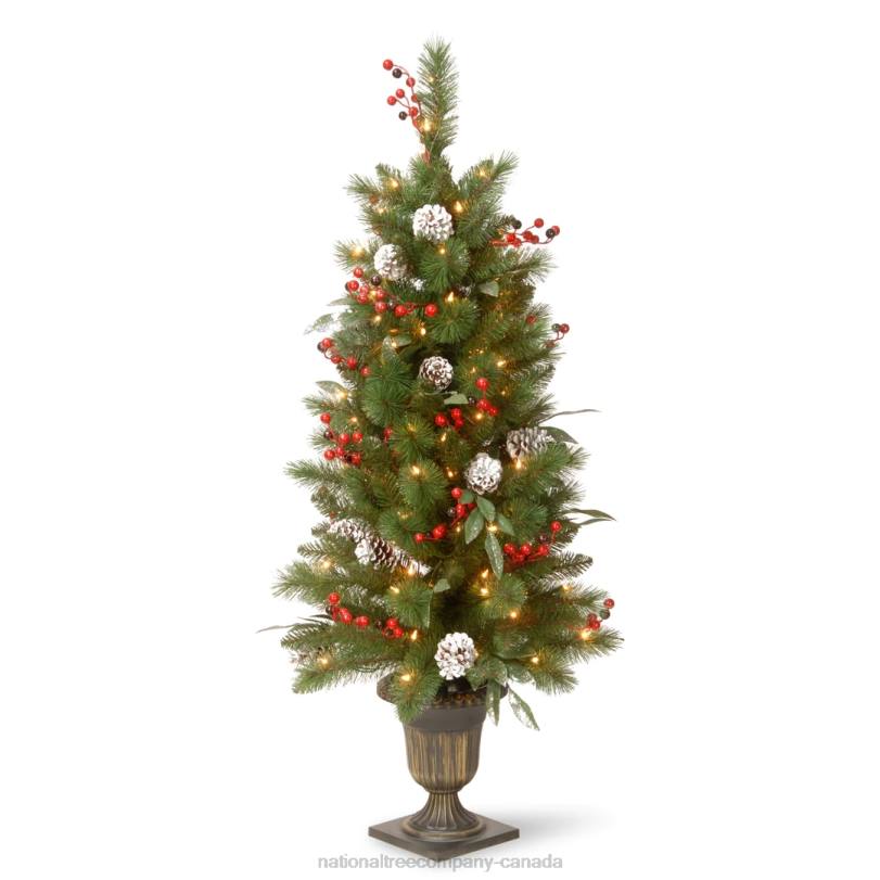 H4X0101National Tree Company Pre-Lit Artificial Entrance Christmas Tree, Frosted Berry Pine, Green, White Lights, Decorated with Berry Clusters, Pine Cones, Includes Metal Base, 4 Feet