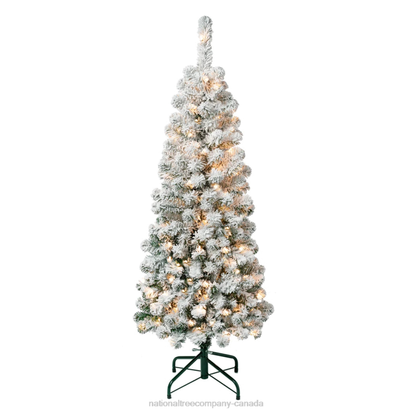 H4X0114National Tree Company First Traditions Pre-Lit Acacia Flocked Tree Slim Christmas Tree, Clear Incandescent Lights, Plug In, 4.5 ft