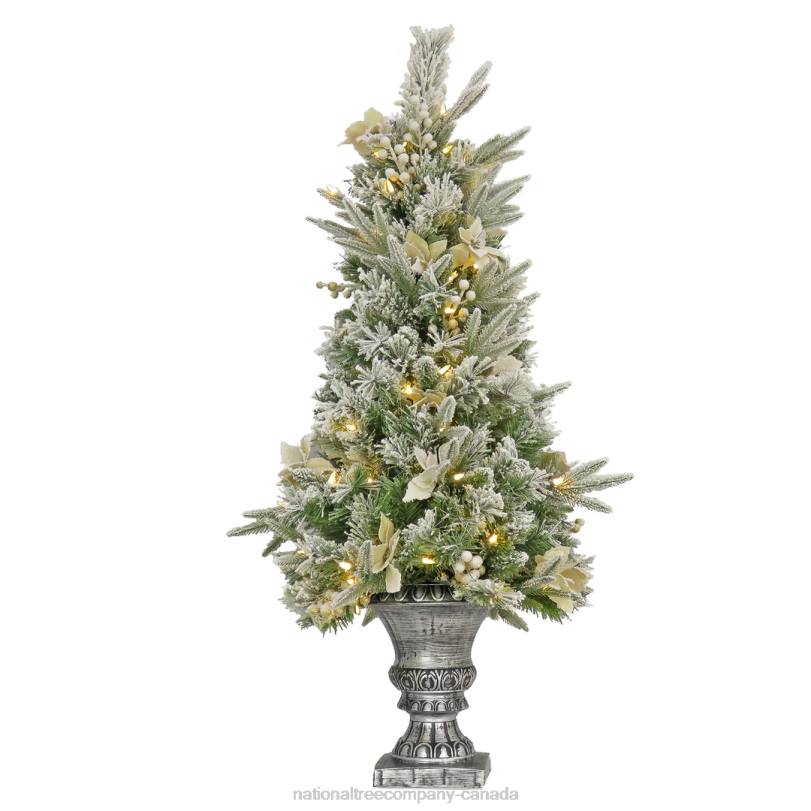 H4X0145National Tree Company Artificial Frosted Colonial Fir Entrance Christmas Tree with Berries and Poinsettia Flowers, Pre-Lit with Warm White LED Lights, Plug In, 4 ft