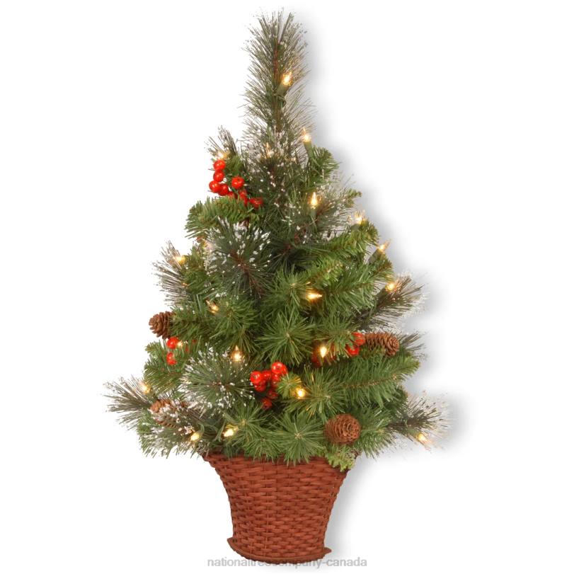 H4X0159National Tree Company Pre-Lit Artificial Mini Christmas Tree, Green, Crestwood Spruce, White Lights, Decorated with Pine Cones, Berry Clusters, Frosted Branches, Includes Wicker Base, 3 Feet