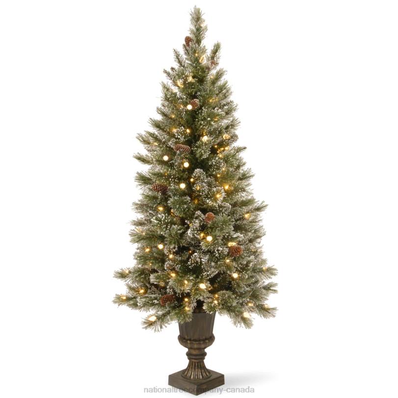 H4X0162National Tree Company Pre-Lit Artificial Mini Christmas Tree, Green, Glittery Bristle Pine, White LED Lights, Flocked with Pine Cones, Frosted Branches, Includes Decorative Urn Base, 4 Feet