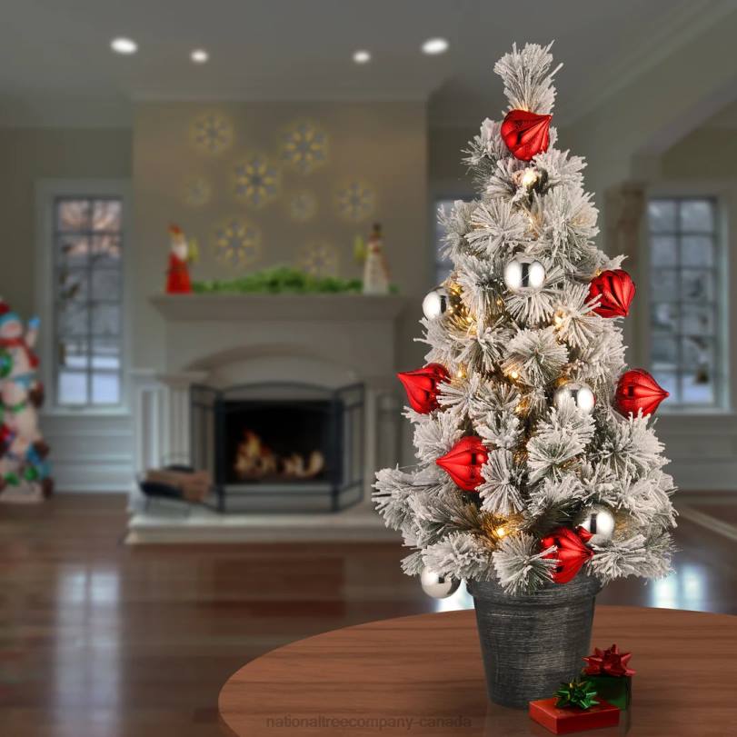 H4X0165National Tree Company Pre-Lit Artificial Christmas Tree, Green, Snowy Bristle Pine, White LED Lights, Decorated with Pine Cones, Ball Ornaments, Includes Pot Base, Battery Operated, 24 Inches