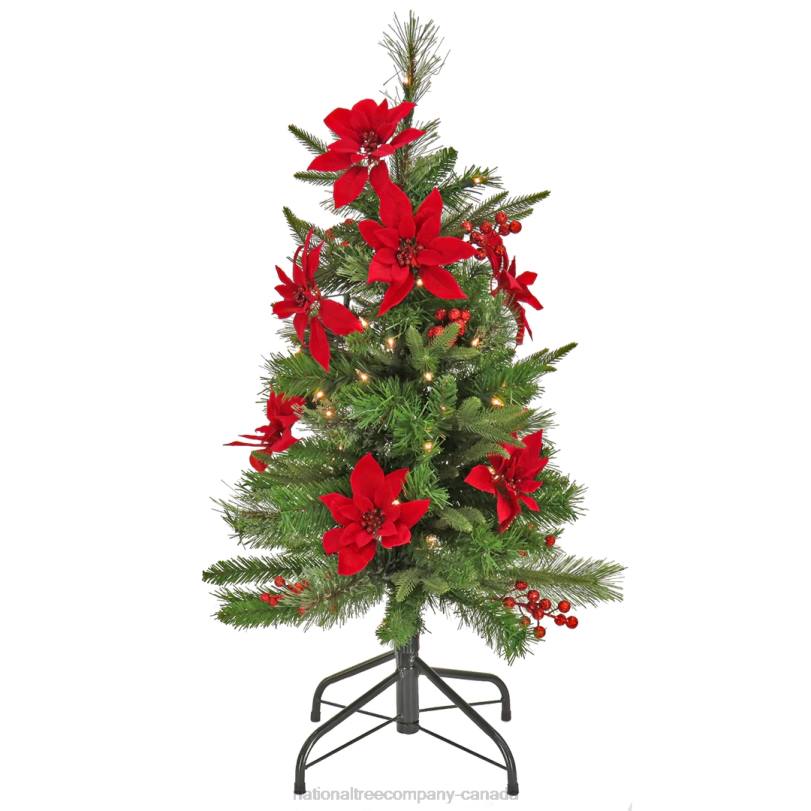 H4X0198National Tree Company Artificial Colonial Pencil Slim Hinged Christmas Tree with Berries and Poinsettia Flowers, Pre-Lit with Clear Incandescent Lights, Plug In, 3 ft
