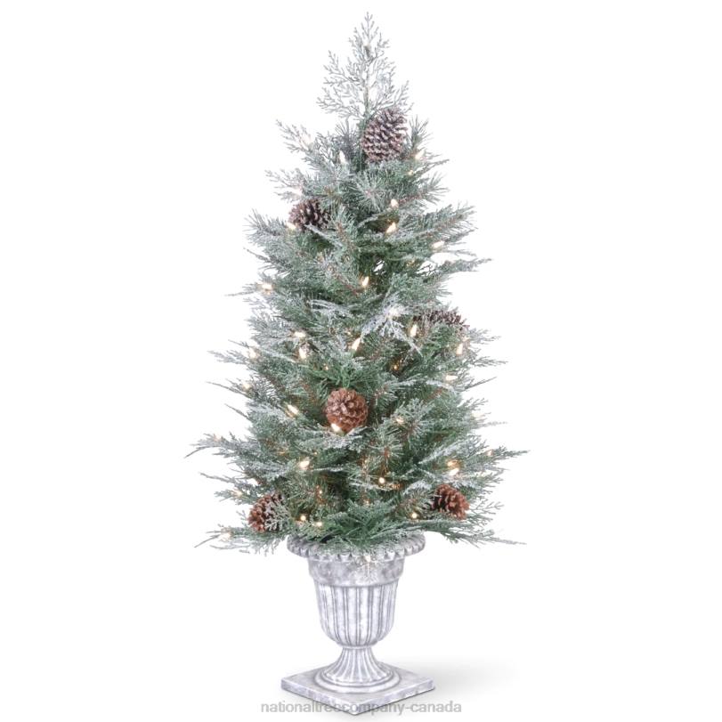 H4X0206National Tree Company Pre-Lit Artificial Entrance Christmas Tree, Frosted Mountain Spruce, Green, White Lights, Decorated with Berry Clusters, Pine Cones, Includes Metal Base, 4 Feet