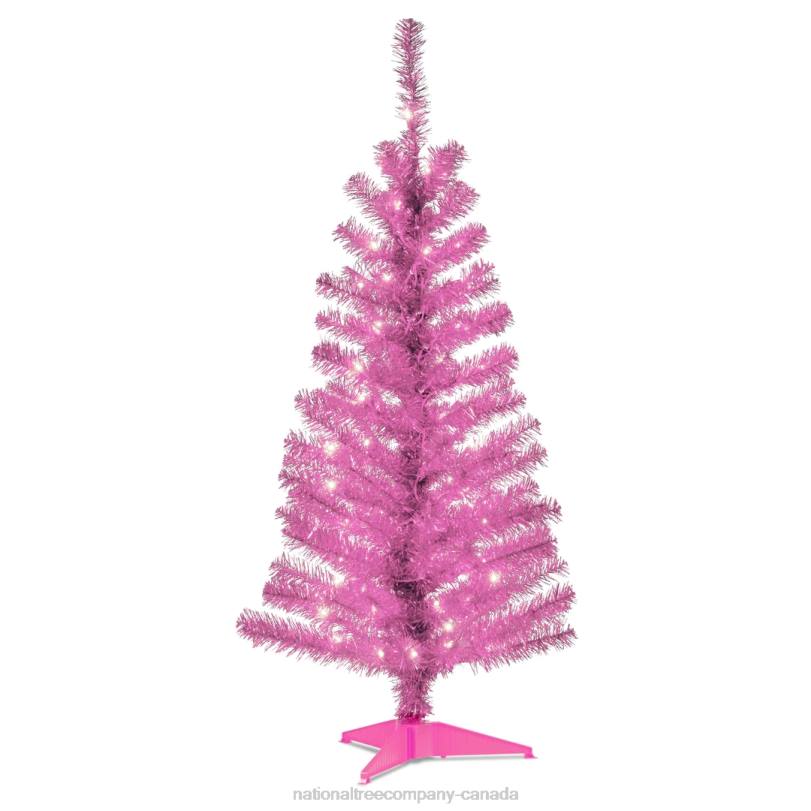 H4X046National Tree Company Pre-Lit Artificial Christmas Tree, Pink Tinsel, White Lights, Includes Stand, 4 feet