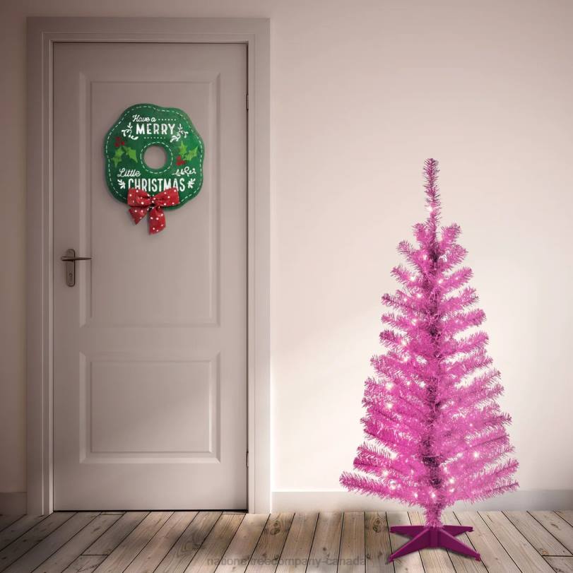 H4X046National Tree Company Pre-Lit Artificial Christmas Tree, Pink Tinsel, White Lights, Includes Stand, 4 feet