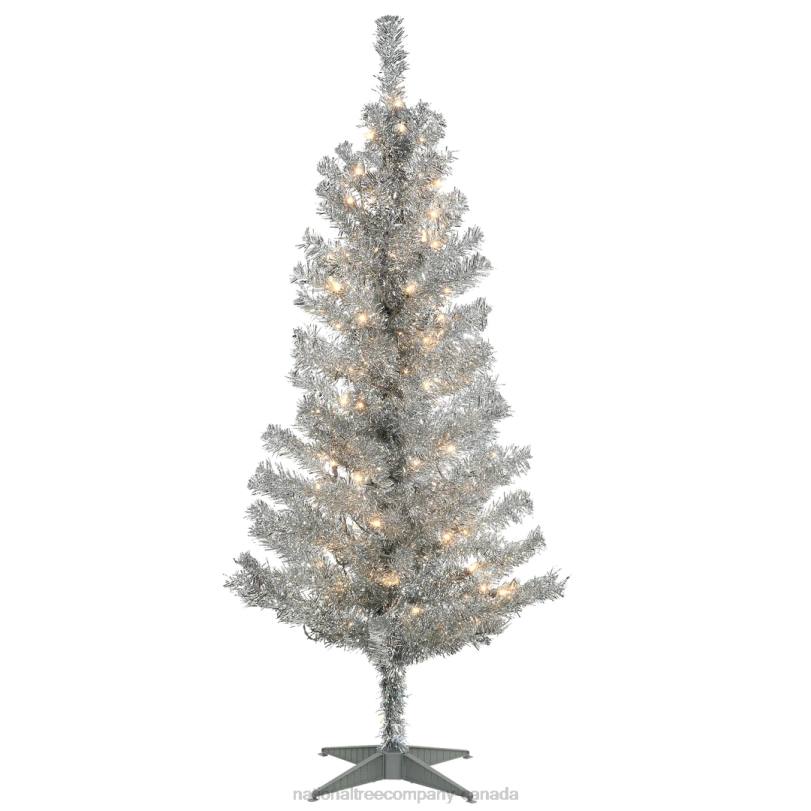 H4X070National Tree Company Pre-Lit Artificial Christmas Tree, Silver Tinsel, White Lights, Includes Stand, 4 feet