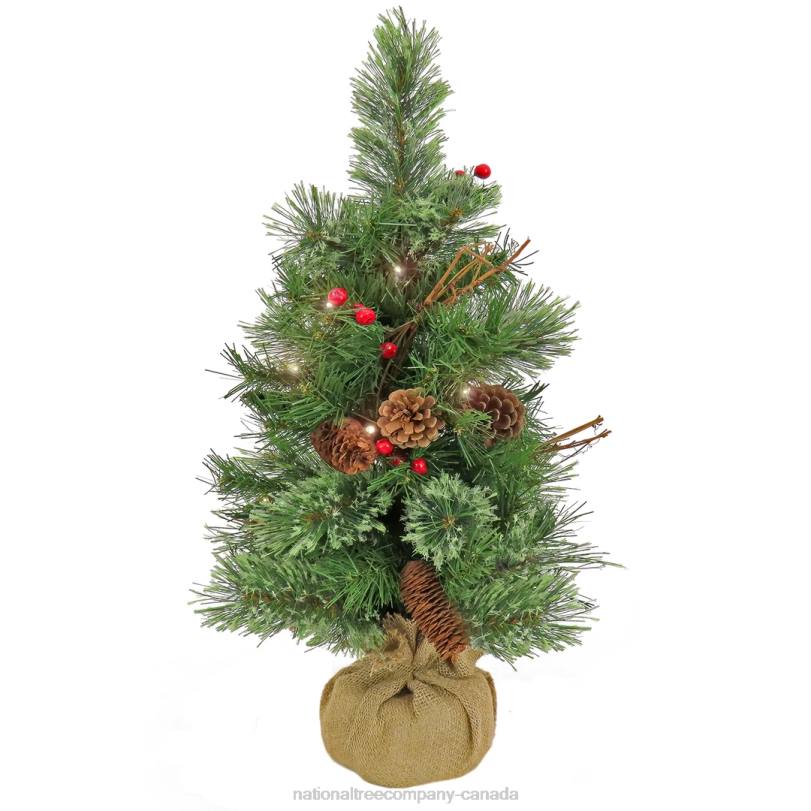 H4X083National Tree Company 24in Glistening Pine Small Tree with Pine Cones, Red Berries, and Twigs in a Burlap Base- 15 Warm White LED Lights- Battery Operated with Timer