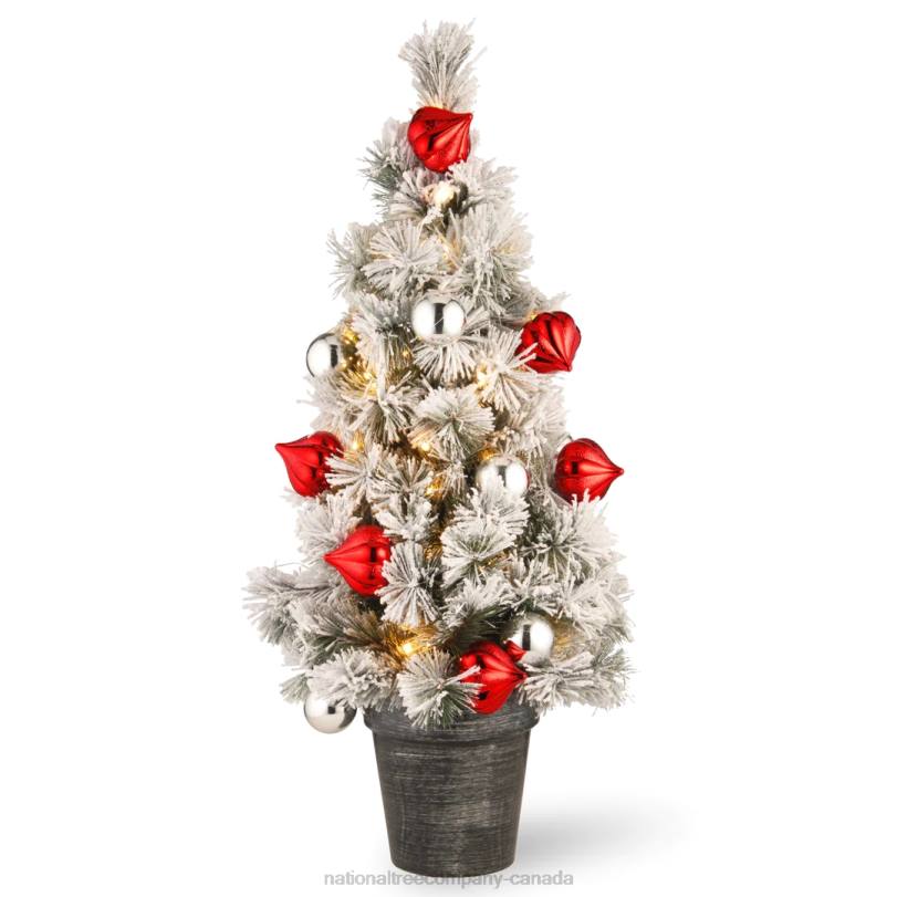 H4X088National Tree Company Pre-Lit Artificial Christmas Tree, Green, Snowy Bristle Pine, White LED Lights, Decorated with Pine Cones, Ball Ornaments, Includes Pot Base, Battery Operated, 3 Feet