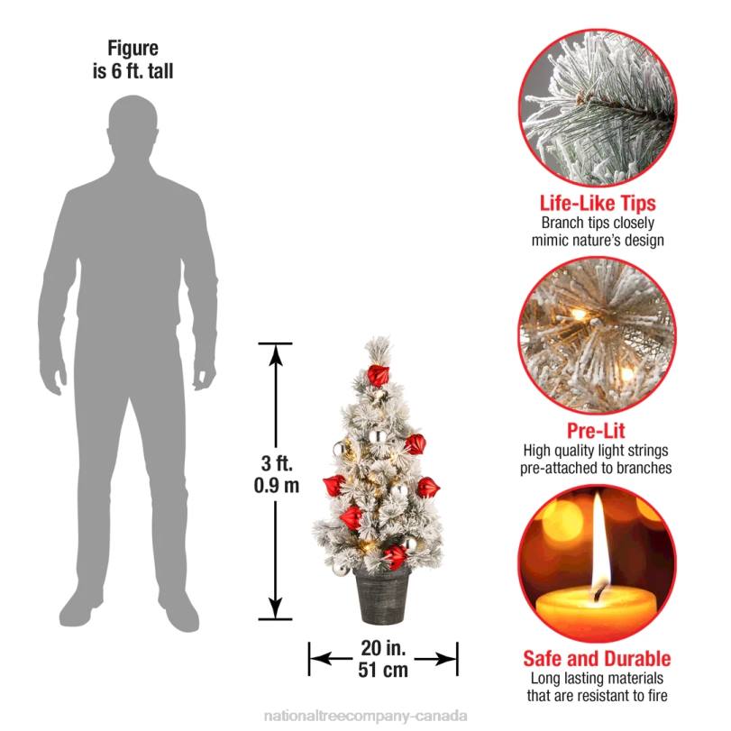 H4X088National Tree Company Pre-Lit Artificial Christmas Tree, Green, Snowy Bristle Pine, White LED Lights, Decorated with Pine Cones, Ball Ornaments, Includes Pot Base, Battery Operated, 3 Feet